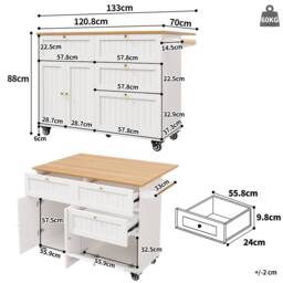 Matteo White Mobile Kitchen Island - Drop Leaf Table, Storage & Casters - thumbnail 7