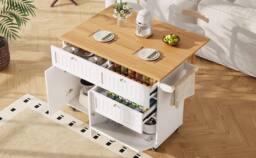 Matteo White Mobile Kitchen Island - Drop Leaf Table, Storage & Casters - thumbnail 6