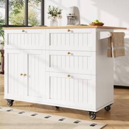Matteo White Mobile Kitchen Island - Drop Leaf Table, Storage & Casters - thumbnail 4