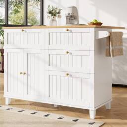Matteo White Mobile Kitchen Island - Drop Leaf Table, Storage & Casters - thumbnail 2