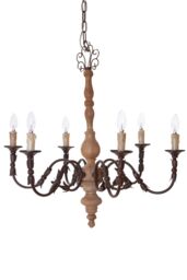 Orsina Antique 6 Arm Chandelier, Wooden Body Decorative Ceiling Light, Distressed Metal Candle Chandelier in Brown