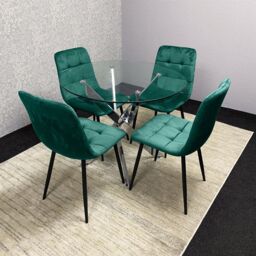 KOSY KOALA Modern Round Glass Dining Table Set With 4 Green Velvet Chairs Dining Room Furniture in Brown - thumbnail 2