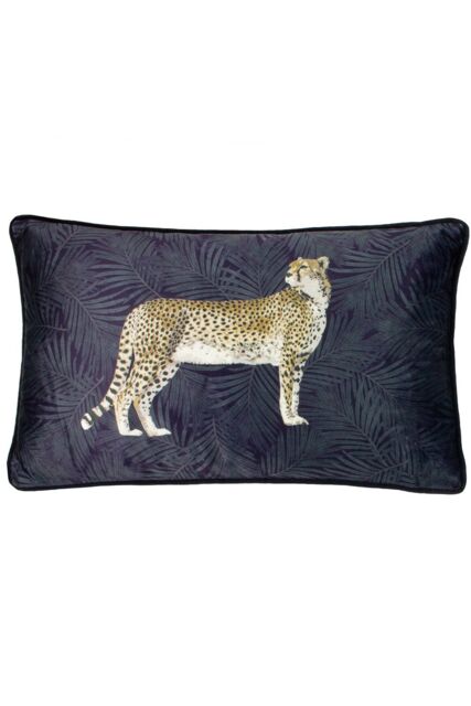 Paoletti Cheetah Forest Printed Velvet Piped Cushion in Navy - Size: 30 cm x 50 cm - image 1