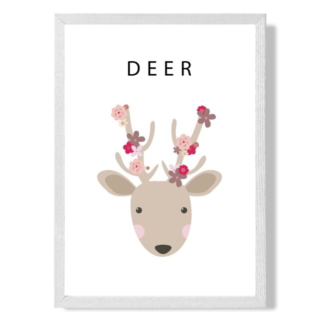 ARTZE Cute Pink Floral Deer Framed Print SIZE: A4 with White Frame - image 1