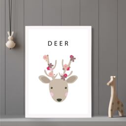 ARTZE Cute Pink Floral Deer Framed Print SIZE: A4 with White Frame - thumbnail 2