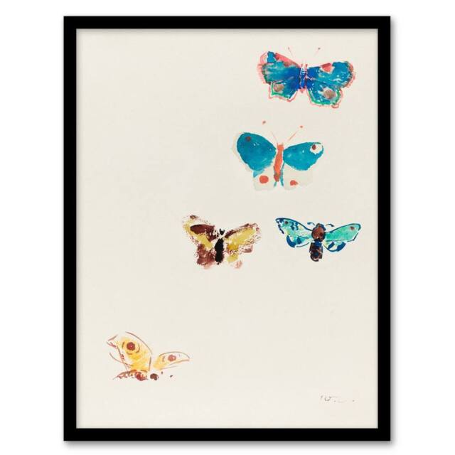 Artery8 Odilon Redon Framed Wall Art Five Butterflies Watercolour Painting in White - Size: A4 - image 1