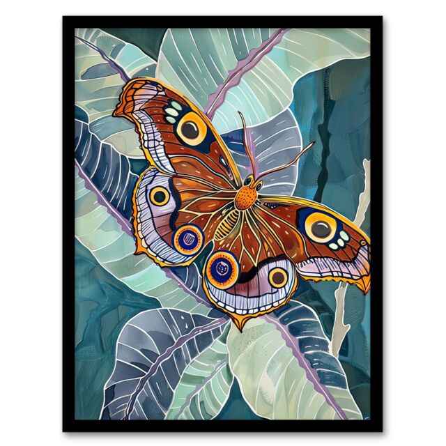 Artery8 Butterfly on Palm Leaf Painting Tropical Exotic Framed Art Print in Blue - Size: A4 - image 1