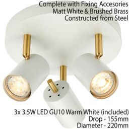 Loops LED Tilting Ceiling Spotlight White & Brass Triple Warm White Kitchen Down Light - thumbnail 2