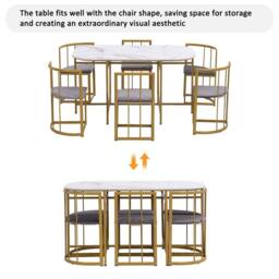Rolipo Modern White Dining Table Set with 6 Grey Velvet Chairs & Gold Legs - thumbnail 8