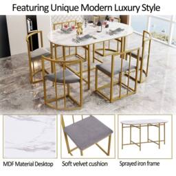Rolipo Modern White Dining Table Set with 6 Grey Velvet Chairs & Gold Legs - thumbnail 6