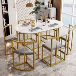 Rolipo Modern White Dining Table Set with 6 Grey Velvet Chairs & Gold Legs - thumbnail 2