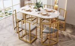 Rolipo Modern White Dining Table Set with 6 Grey Velvet Chairs & Gold Legs - thumbnail 4