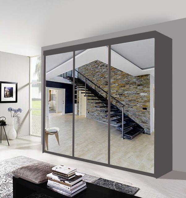 OLYMPIA FURNITURE Milan 250cm Sliding Mirror Door Wardrobe With Hanging Rails & Shelves Available In 4 Colour in Grey - image 1