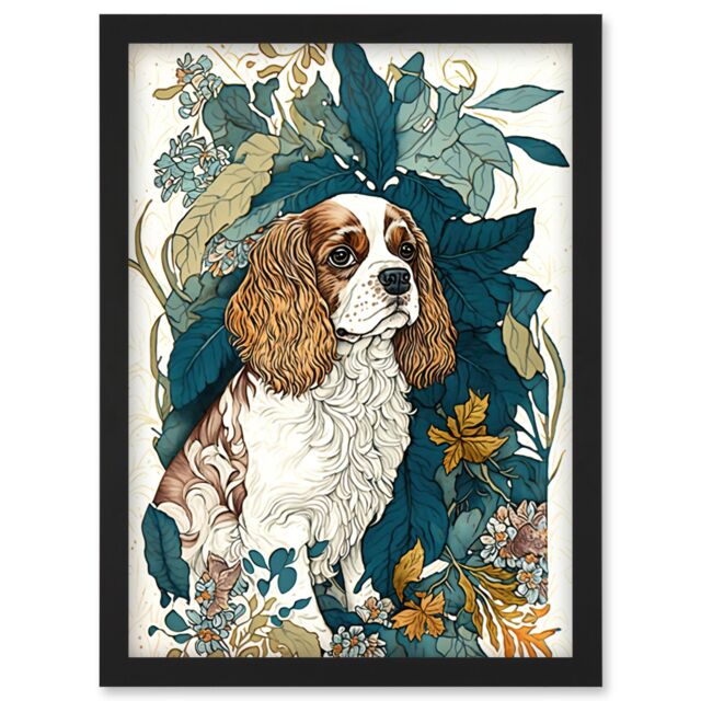 Artery8 King Charles Spaniel Dog in Leafy Plants Modern Illustration Artwork Framed Wall Art Print A4 in Black - image 1