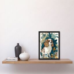 Artery8 King Charles Spaniel Dog in Leafy Plants Modern Illustration Artwork Framed Wall Art Print A4 in Black - thumbnail 2