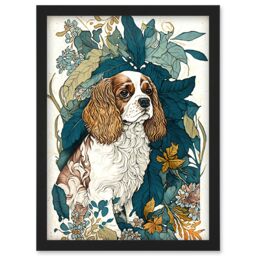 Artery8 King Charles Spaniel Dog in Leafy Plants Modern Illustration Artwork Framed Wall Art Print A4 in Black - thumbnail 1