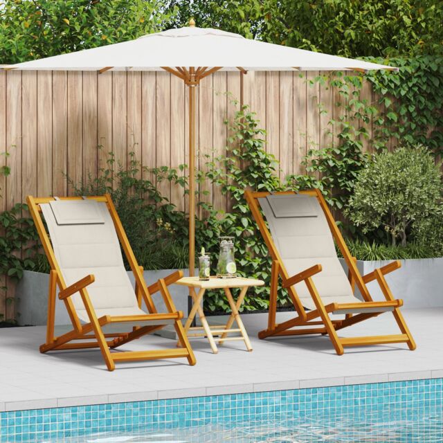 Berkfield Home 2 Pack of Folding Beach Chairs - Light Grey, Acacia Wood & Textilene in Light Grey - image 1