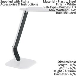 Loops 2 PACK Table Desk Lamp White Steel Black Plastic Touch On/Off LED 6W Included - thumbnail 2