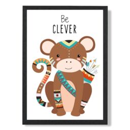 ARTZE Be Clever Monkey Tribal Animal Quote Framed Print SIZE: A4 with Black Frame in Brown