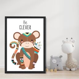 ARTZE Be Clever Monkey Tribal Animal Quote Framed Print SIZE: A4 with Black Frame in Brown - thumbnail 2