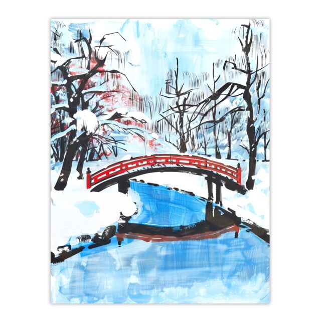 "Artery8 Japanese River Bridge in Winter Forest Landscape Wall Art Print in Blue - Size: W12"" x H16""" - image 1