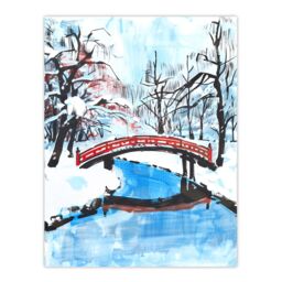 "Artery8 Japanese River Bridge in Winter Forest Landscape Wall Art Print in Blue - Size: W12"" x H16""" - thumbnail 1