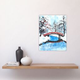 "Artery8 Japanese River Bridge in Winter Forest Landscape Wall Art Print in Blue - Size: W12"" x H16""" - thumbnail 4