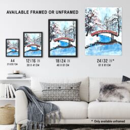 "Artery8 Japanese River Bridge in Winter Forest Landscape Wall Art Print in Blue - Size: W12"" x H16""" - thumbnail 3