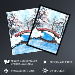 "Artery8 Japanese River Bridge in Winter Forest Landscape Wall Art Print in Blue - Size: W12"" x H16""" - thumbnail 2