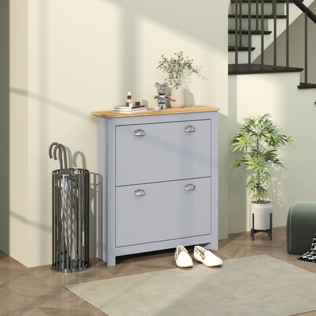 HOMCOM 2 Drawer Shoe Cabinet Narrow Shoe Cupboard with Flip Doors, Grey - image 1