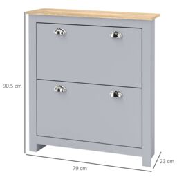 HOMCOM 2 Drawer Shoe Cabinet Narrow Shoe Cupboard with Flip Doors, Grey - thumbnail 3