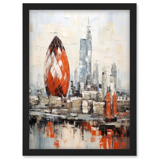 Artery8 Wall Art Print London Skyline Abstract Oil Painting Thick Paint Red Gherkin Building River Thames England City Artwork Framed A4 in Black - image 1