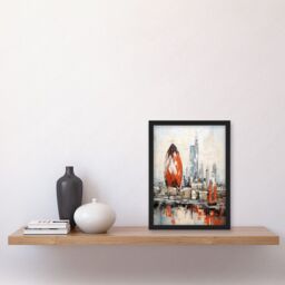 Artery8 Wall Art Print London Skyline Abstract Oil Painting Thick Paint Red Gherkin Building River Thames England City Artwork Framed A4 in Black - thumbnail 2
