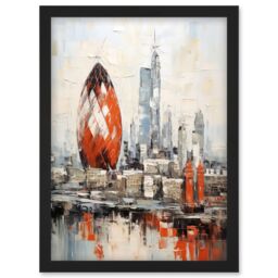 Artery8 Wall Art Print London Skyline Abstract Oil Painting Thick Paint Red Gherkin Building River Thames England City Artwork Framed A4 in Black - thumbnail 1