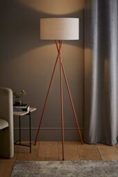 ValueLights Camden Copper Metal Tripod Floor Lamp with Grey Drum Lamp Shade