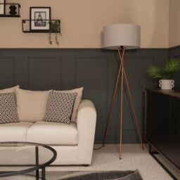 ValueLights Camden Copper Metal Tripod Floor Lamp with Grey Drum Lamp Shade - thumbnail 8
