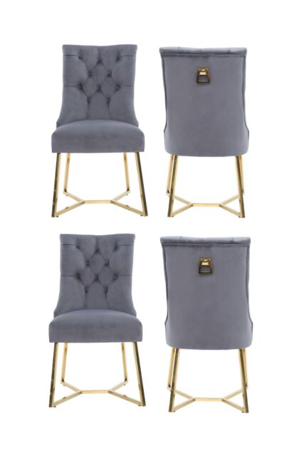 Life Interiors Set of 4 Ambra Modern Velvet Dining Chairs with Gold Legs, Ring Handle & Tufted Back in Grey - image 1