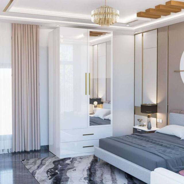 MN Furniture Modern High Gloss Mirrored Wardrobe with Drawers 80cm x 200cm in White - Size: 80 cm x 200 cm - image 1