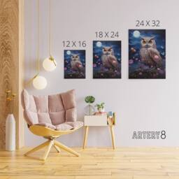 "Artery8 Owl With Wildflowers Under A Full Moon Canvas Wall Art Print in Blue - Size: W18"" x H24""" - thumbnail 4
