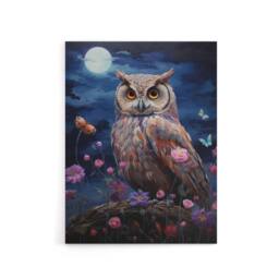 "Artery8 Owl With Wildflowers Under A Full Moon Canvas Wall Art Print in Blue - Size: W18"" x H24""" - thumbnail 1
