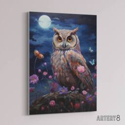 "Artery8 Owl With Wildflowers Under A Full Moon Canvas Wall Art Print in Blue - Size: W18"" x H24""" - thumbnail 2