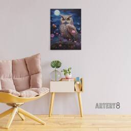 "Artery8 Owl With Wildflowers Under A Full Moon Canvas Wall Art Print in Blue - Size: W18"" x H24""" - thumbnail 3