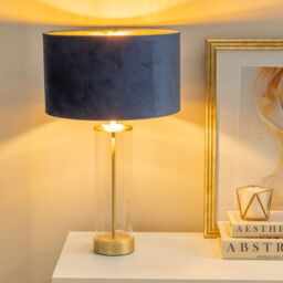 ValueLights Balan Glass with Gold Table Lamp & Velvet with Metallic Gold Inner Shade in Dark Navy