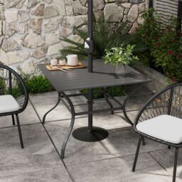 OUTSUNNY Garden Table with Parasol Hole for Four, Slatted Metal Plate Top in Dark Grey