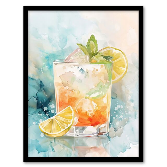 "Artery8 Cuba Libre Cocktail Watercolour Tropical Summer Framed Art Print in Blue - Size: W12"" x H16""" - image 1