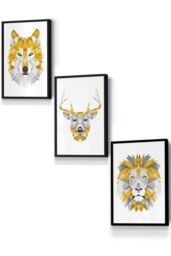 ARTZE Geometric Yellow Grey Animal Heads Framed Wall Art - Small in Black - Size: W33 cm x H45 cm x D20mm - thumbnail 1