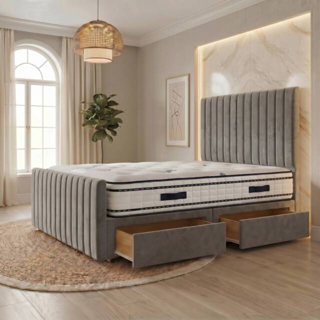 "Somnior Eleanor Velvet Divan Bed Mattress 2 Draw 54"" Headboard 22"" Footboard in Silver - Size: Super King" - image 1