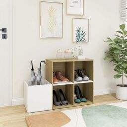 Berkfield Home Hall Shoe Cabinet White & Sonoma Oak 105x35.5x70 cm Engineered Wood in Beige - thumbnail 3