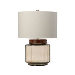 Loops Table Lamp Ivory Shade Metalwork Aged Brass Wood Dark Stained LED E27 60W in Metallics