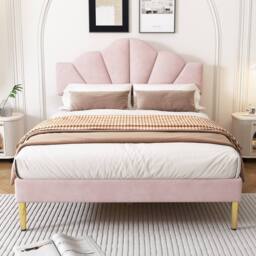 BTM Pink Velvet 4ft6 Double Bed with Gold Legs & Adjustable Headboard - thumbnail 2